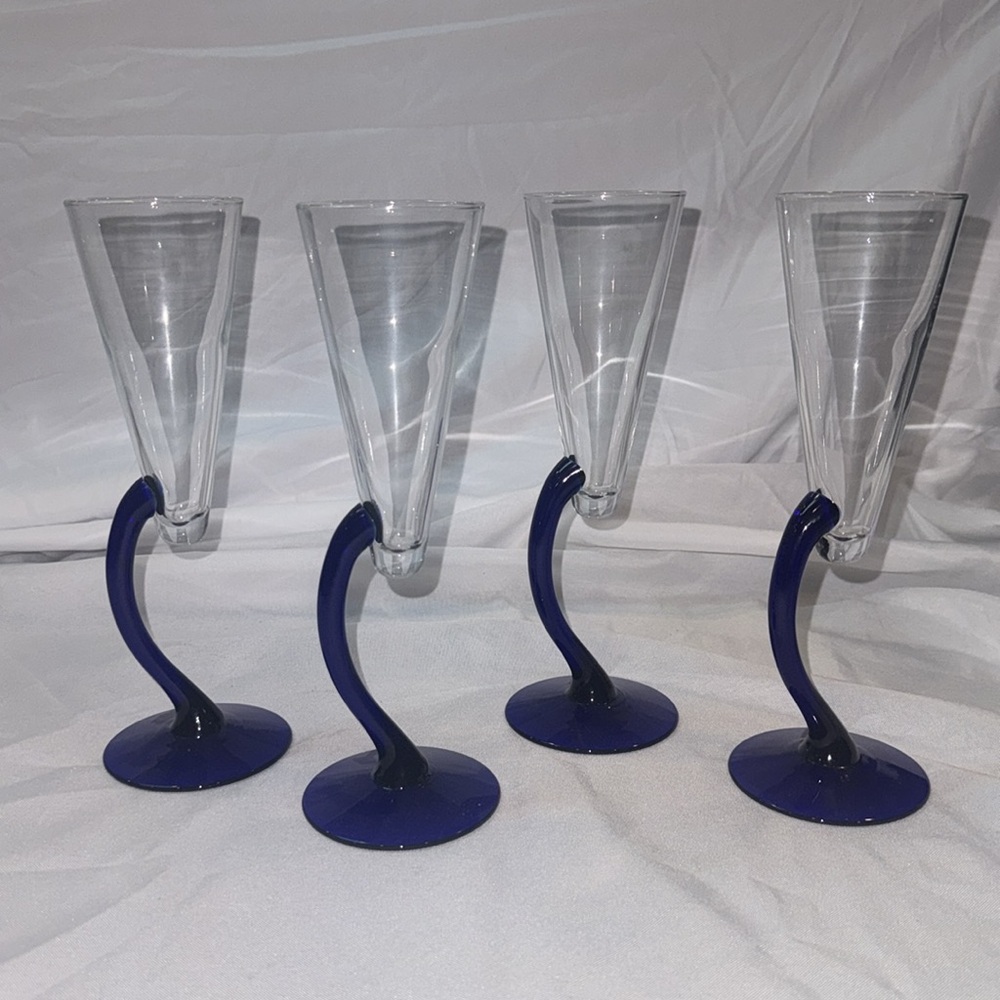Vintage Libbey Elegant Cobalt Blue Stem Champagne Glasses Flutes Bravura Patten